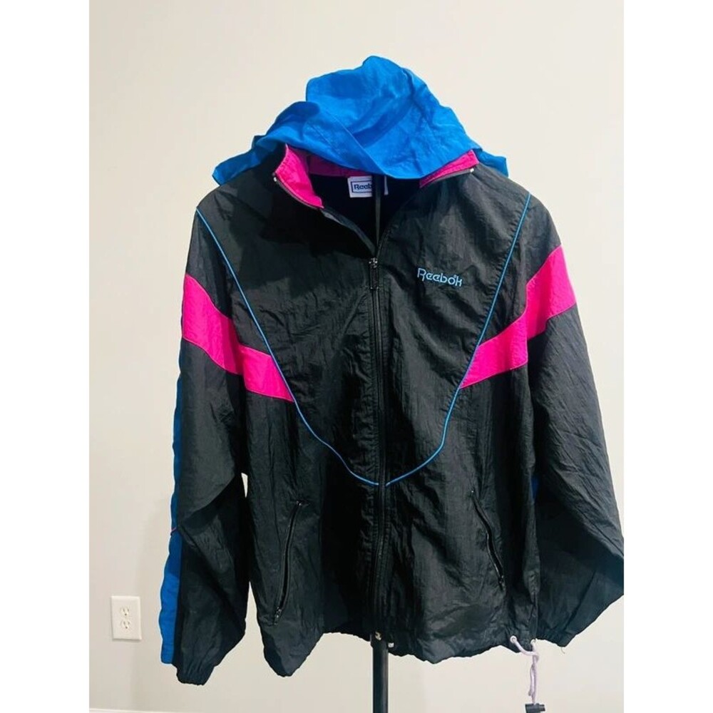 Vintage Reebok Colorblock Windbreaker Jacket Black Pink Blue Size M